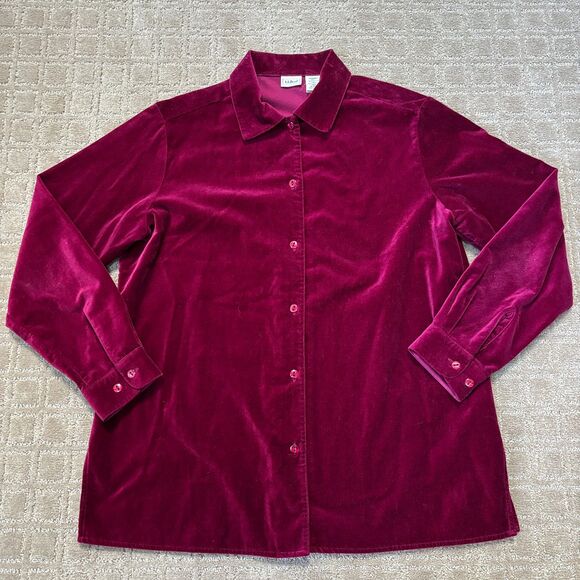 LL Bean Velvet Button Down Shirt Women's Medium Pink Magenta Holiday Long Sleeve - Picture 1 of 7